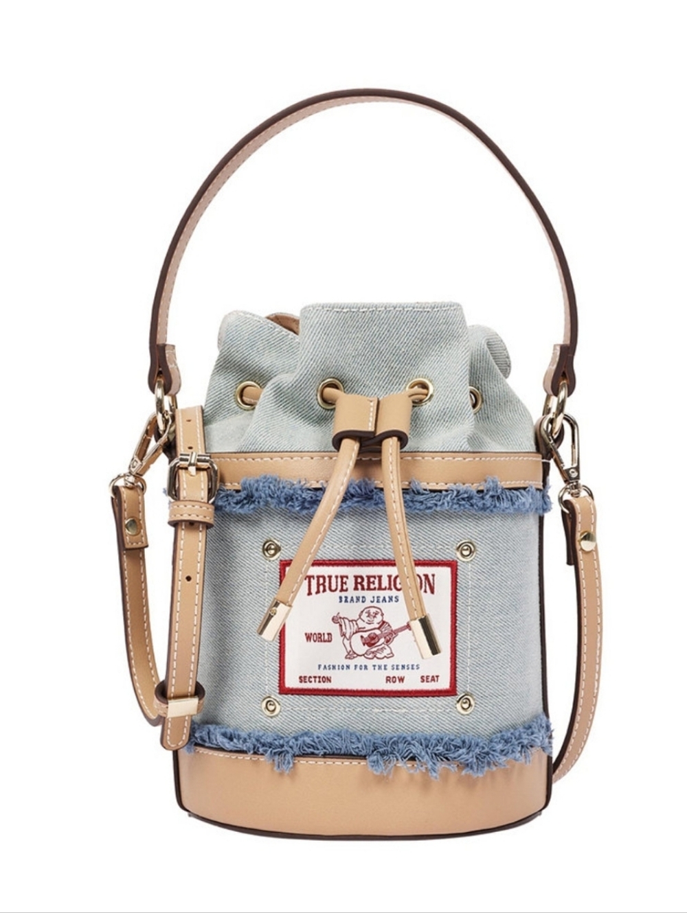 True Religion Light Blue Denim & Tan Leather Bucket Shoulder Bag